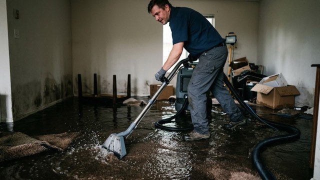 Tulsa OK Water Damage Restoration technician extracting water from a flooded room