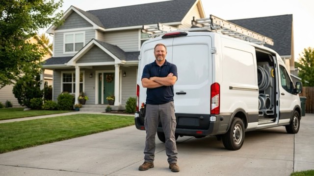 Tulsa OK Water Damage Restoration technician and service van outside a customer's home